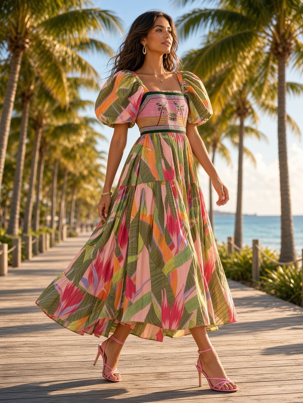 FARM Rio Pink Green Trop Print Maxi Dress w/Beaded Front Bodice & Puff Sleeves